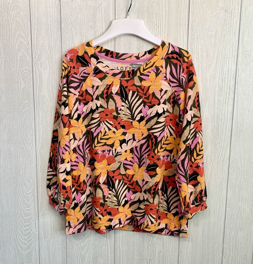 LOFT Tropical Sweatshirt Floral 3/4 Puff Sleeve Orange Medium